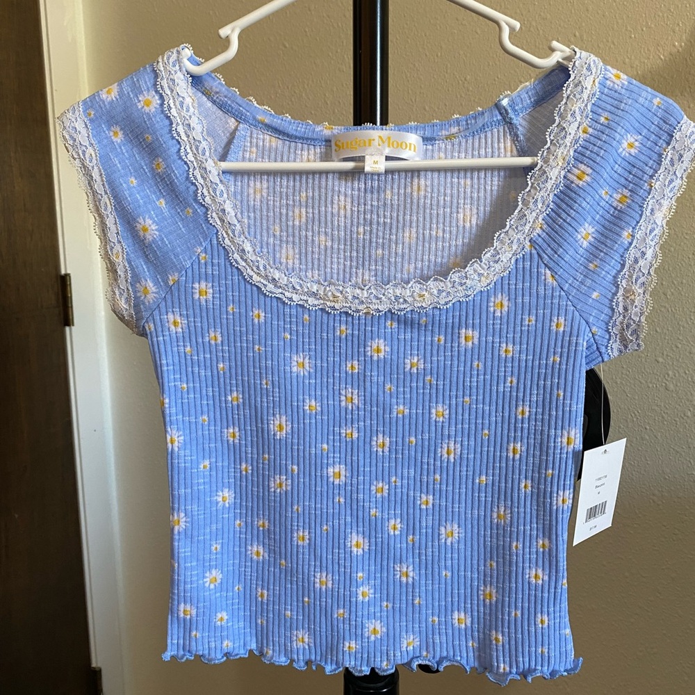 Sugar Moon Floral Blue Top With Lace Trim